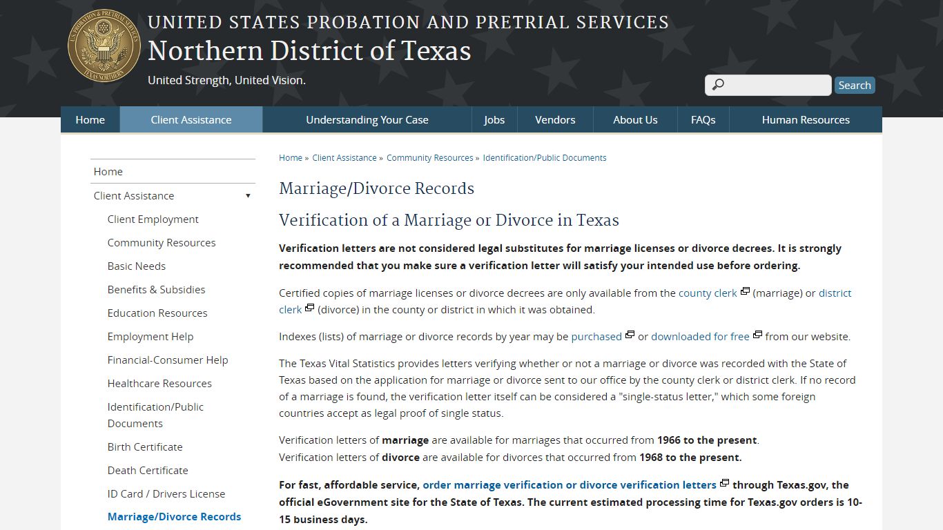 Marriage/Divorce Records | Northern District of Texas
